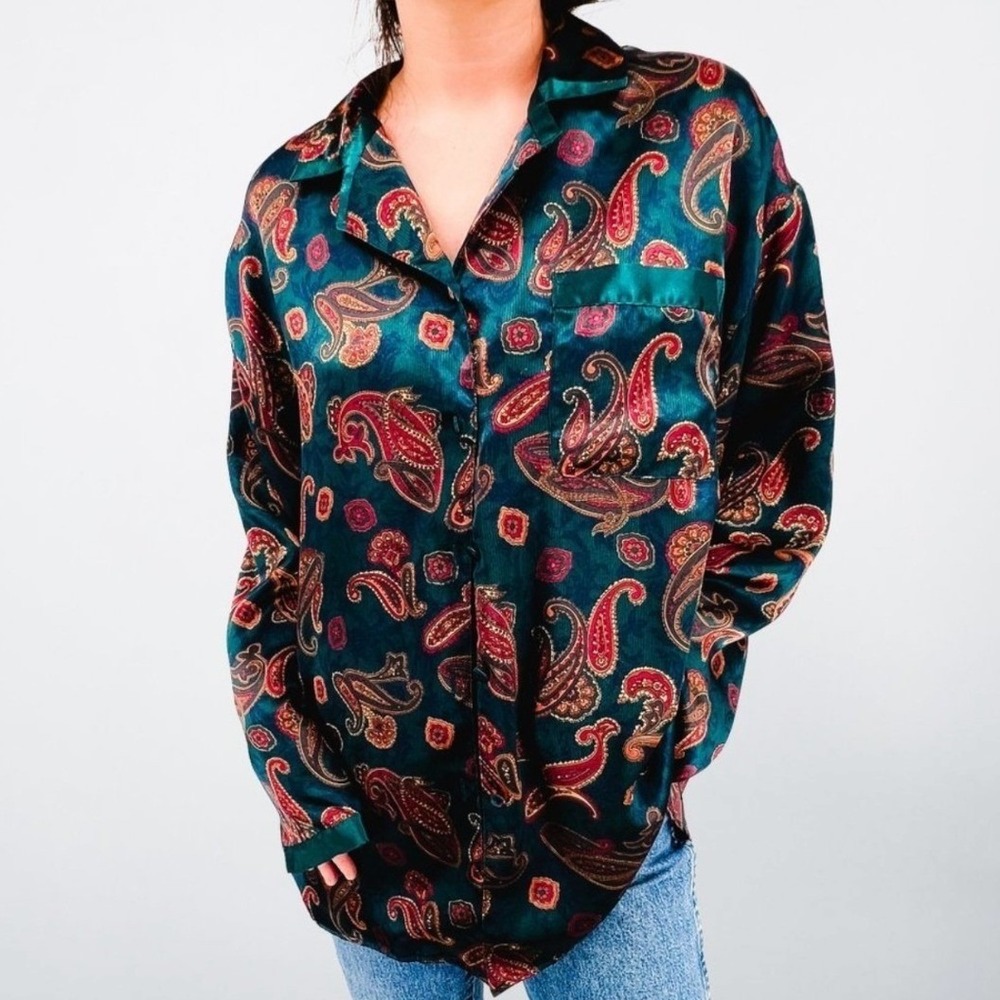 K.G. Street Intimate Paisley Satin Pajama Top Teal Red Button Down Shirt 2X